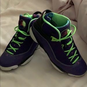 Size 10 purple highlighter green Jordan’s